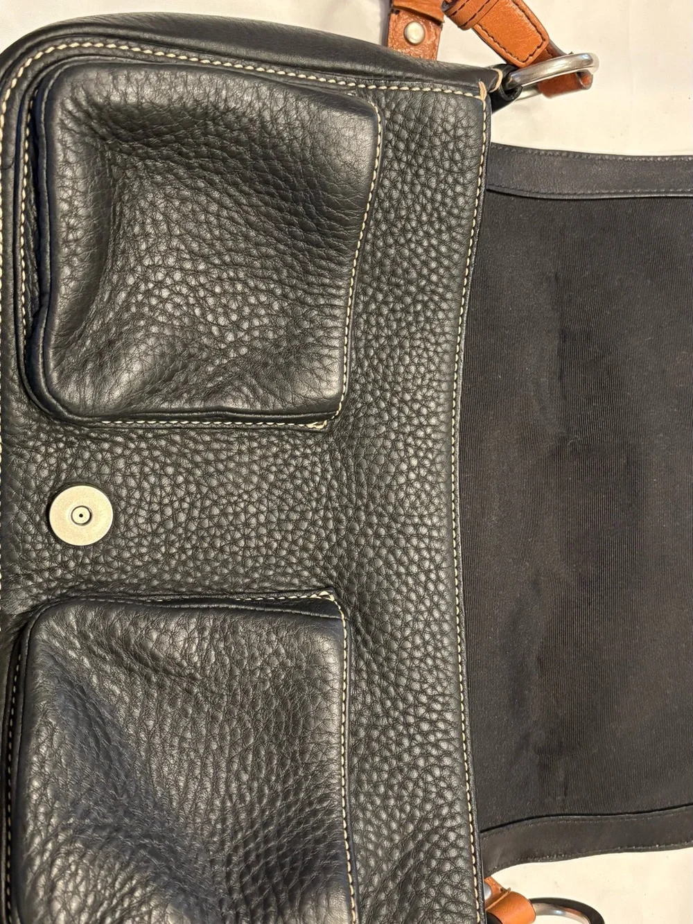 Coach Black Peddled Leather Shoulder Bag Silver White Stitch Detail